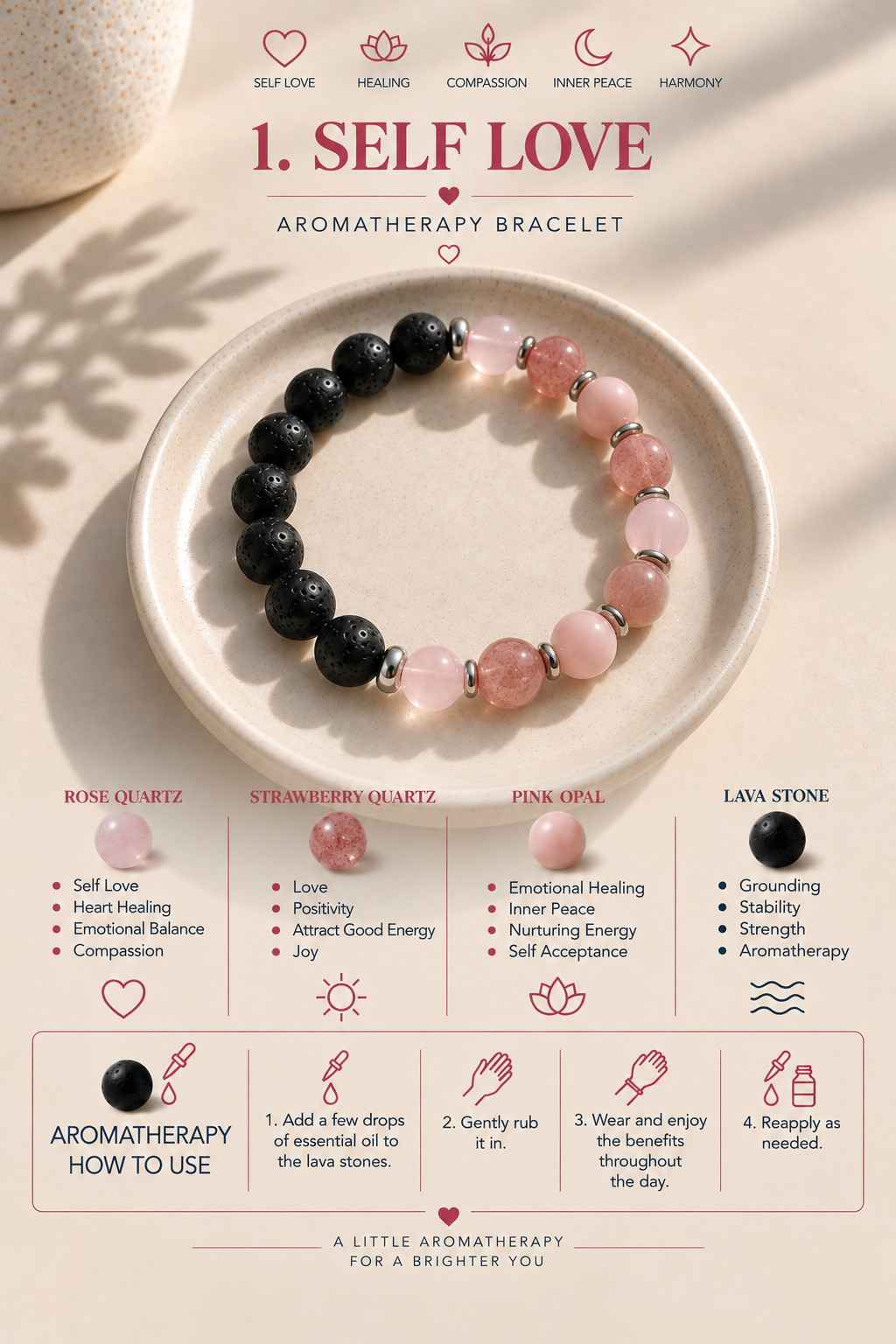Self Love Bracelet • Rose Quartz, Strawberry Quartz & Pink Opal